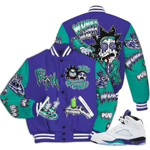 Retro Grape Drip Varsity Jacket, Cartoon Inspired Bomber, Urban All Over Print Streetwear, Trendy Gift For Creative Fashion Fans