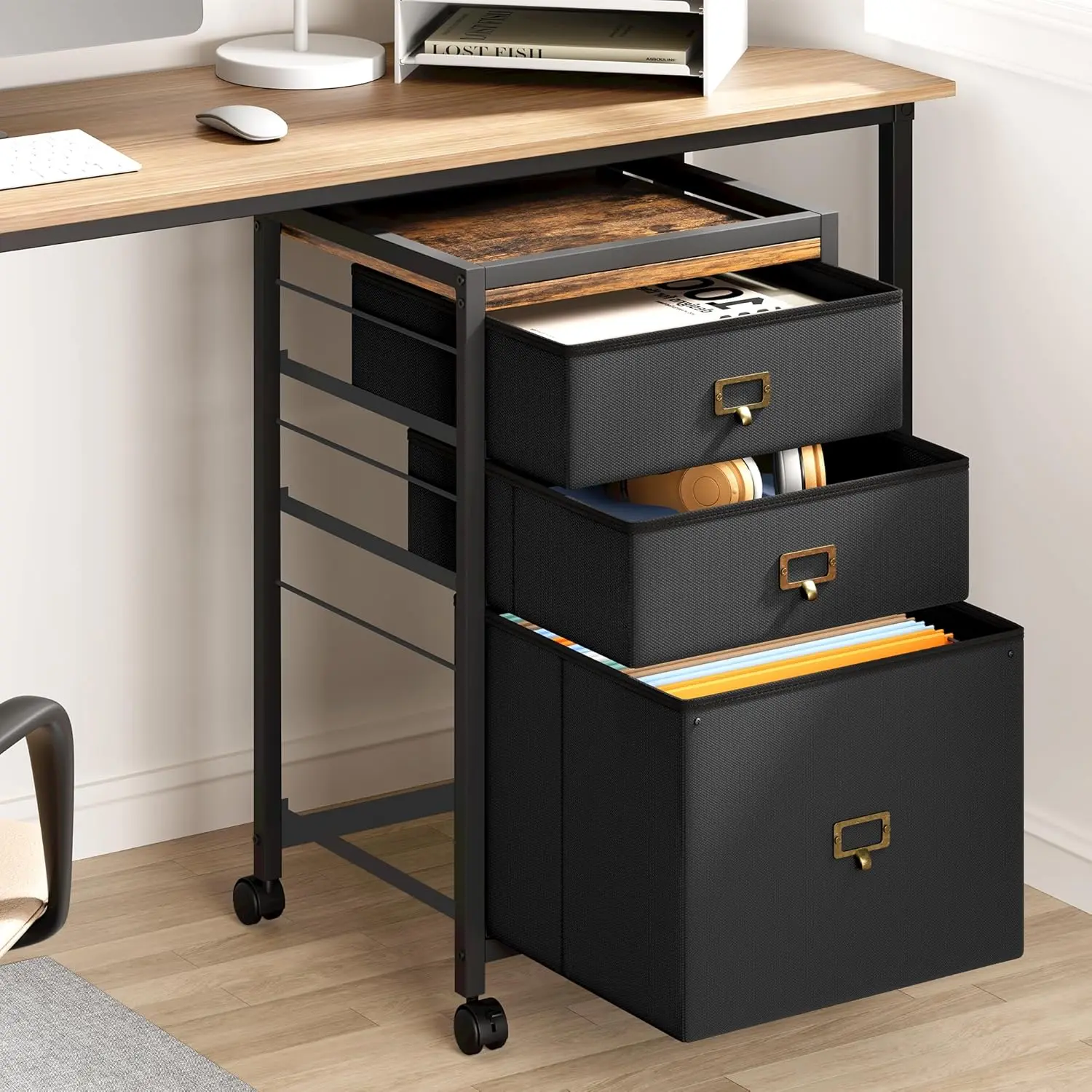 Garvee Compact 3 Drawer Mobile Filing Cabinet Stylish Fabric Storage Solution Legs for Bedroom Wheels Black 3 Drawer