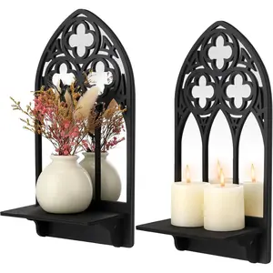 2 Set Gothic Candle Sconces Wall Decor Arch Cathedral Frame Black Candle Holder for Bedroom Bathroom Dining Room Living Room