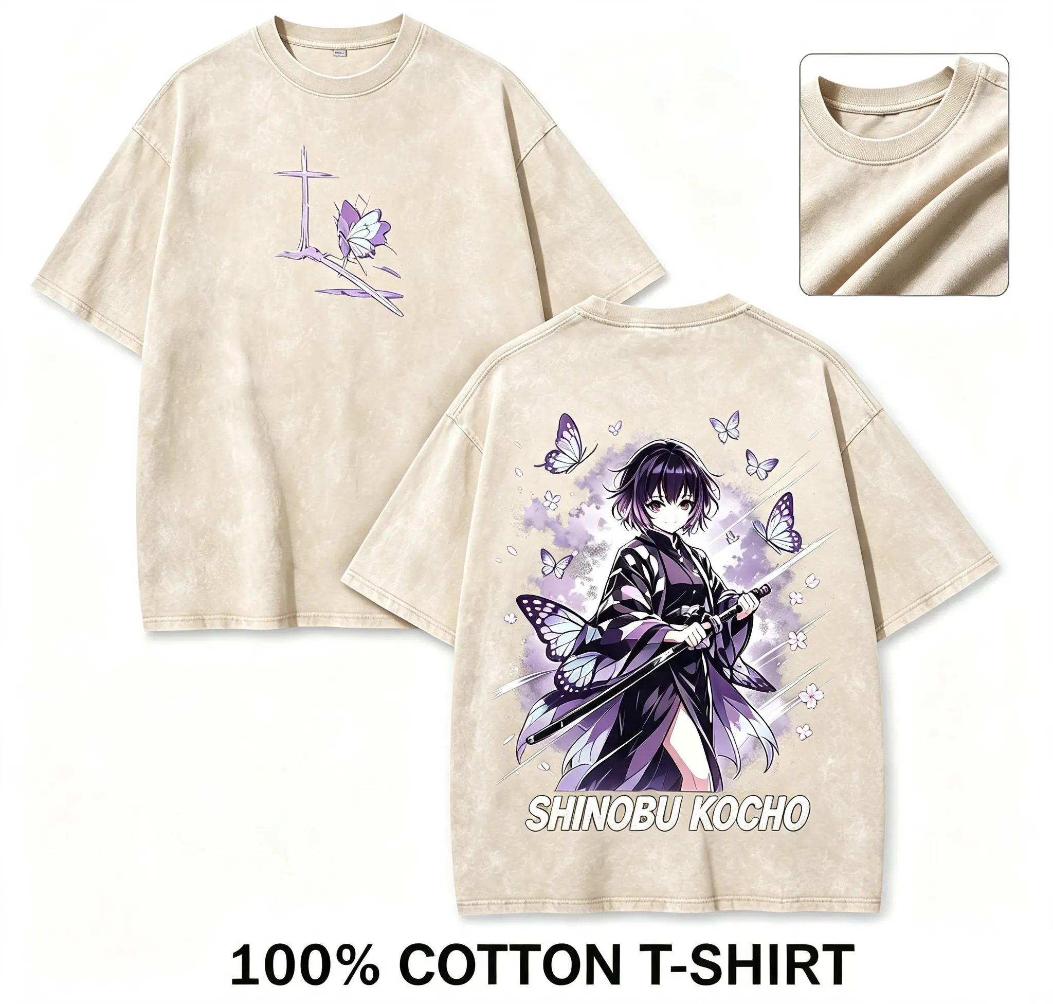 Men's 100% Cotton Oversized Unisex Kimetsu No Yaiba Washed Tee - Front Butterfly Element Sword Logo, Back Shinobu Kocho Retro Anime Art, Manga Fan Casual Streetwear Top graphic tees vintage t shirts