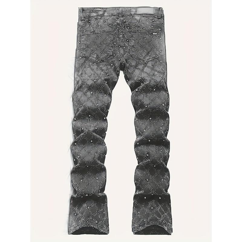 Y2K Men's Shiny Rhinestone Embellished Stretch Slim-Fit Jeans, Casual Street Style Hip-Hop Skateboarding Rap Pants, Machine Washable - All-Season Wear