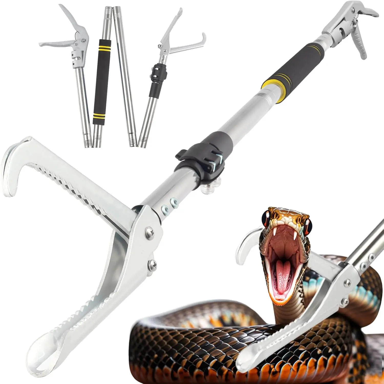 Snake Grabber Tool for Rattlesnake, 69" Folding Snake Tongs Heavy Duty Professional Snake Feeding Tongs Wide Jaw Snake Handling Tool Long Hndle Stainless Steel Tube Non Slip Sponge Handle
