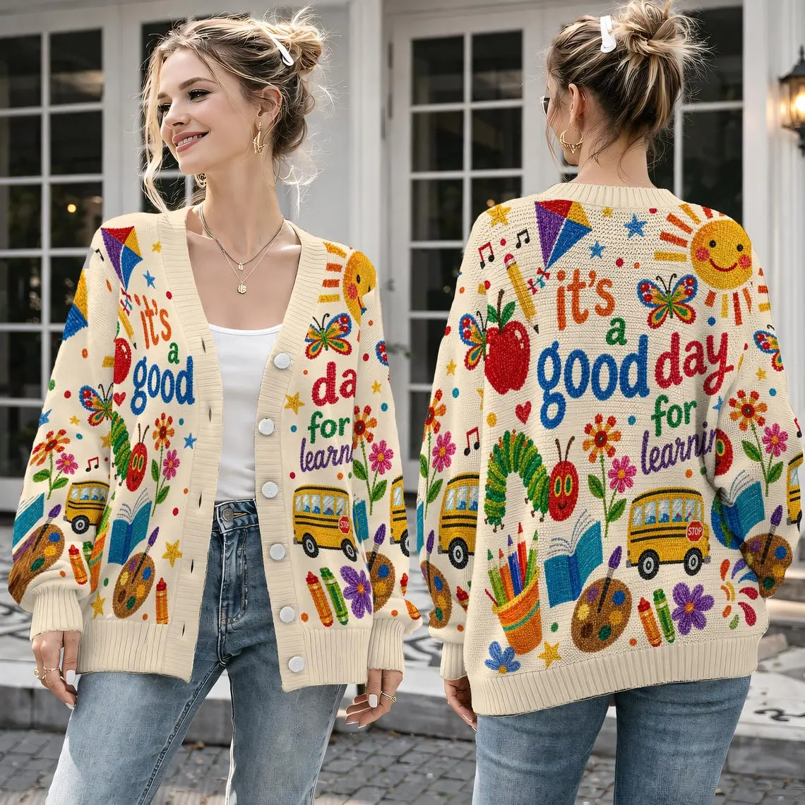 Teacher Cardigan Sweater, It's a Good Day for Learning, School Bus and Apple Knit, Back to School Outfit, Gift for Elementary Teacher