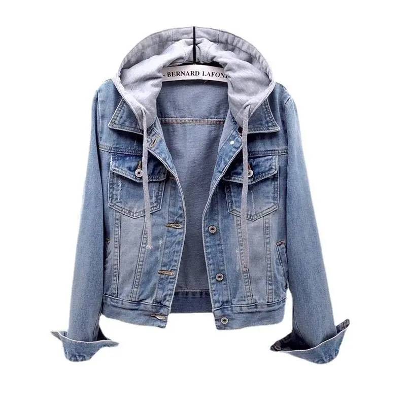 Denim Jacket for Women with Hood, Oversized Patchwork Casual Style, Single-Breasted Warm Outerwear with Pockets, Tops, Women's Clothing, Denim Fabric, Hooded Neck, Coats, Warm Wear