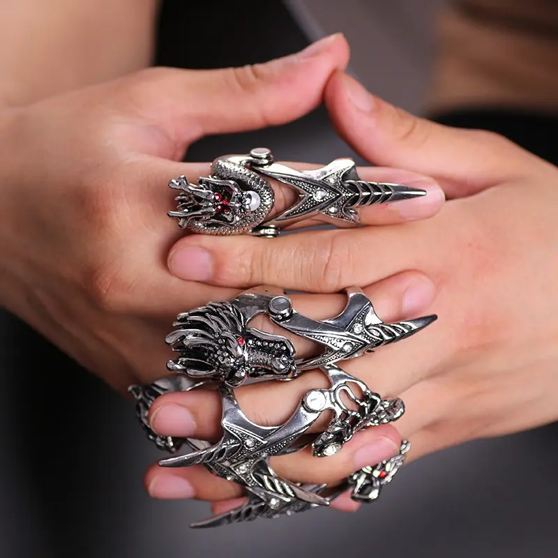 Vintage Dragon Joint Knuckle Ring Ornate Metal Claw Statement Gothic Punk Adjustable Finger Accessory