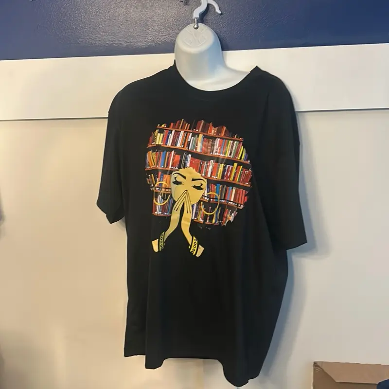 Magic Afro Book Love 100% Cotton T-Shirt with Unique Afro Design and Bookshelf Graphic