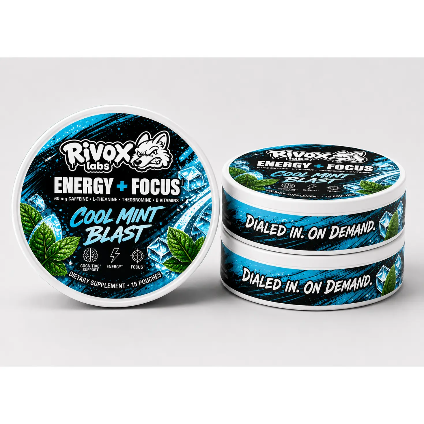 Rivox Focus Pouches – Cool Mint 3 Pack | Zero-Nicotine Energy + Focus, Caffeine + L-Theanine (No Crash)