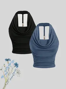 Elegant Backless Halter Neck Crop Top Set, Spring Summer Fall Fashion, Comfortable Women's Two-Piece, Trendy Casual Wear