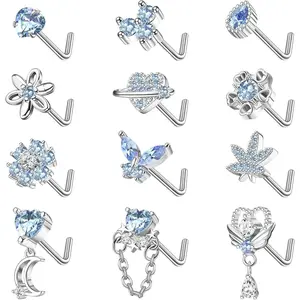 12 PCS 20G Nose Rings Surgical Stainless Steel, L Shaped Nose Studs for Women Men, CZ Heart Butterfly Flower Leaf Moon Dangle Cute Nose Piercings Studs Screw Jewelry Pink/Purple/Blue/Clear