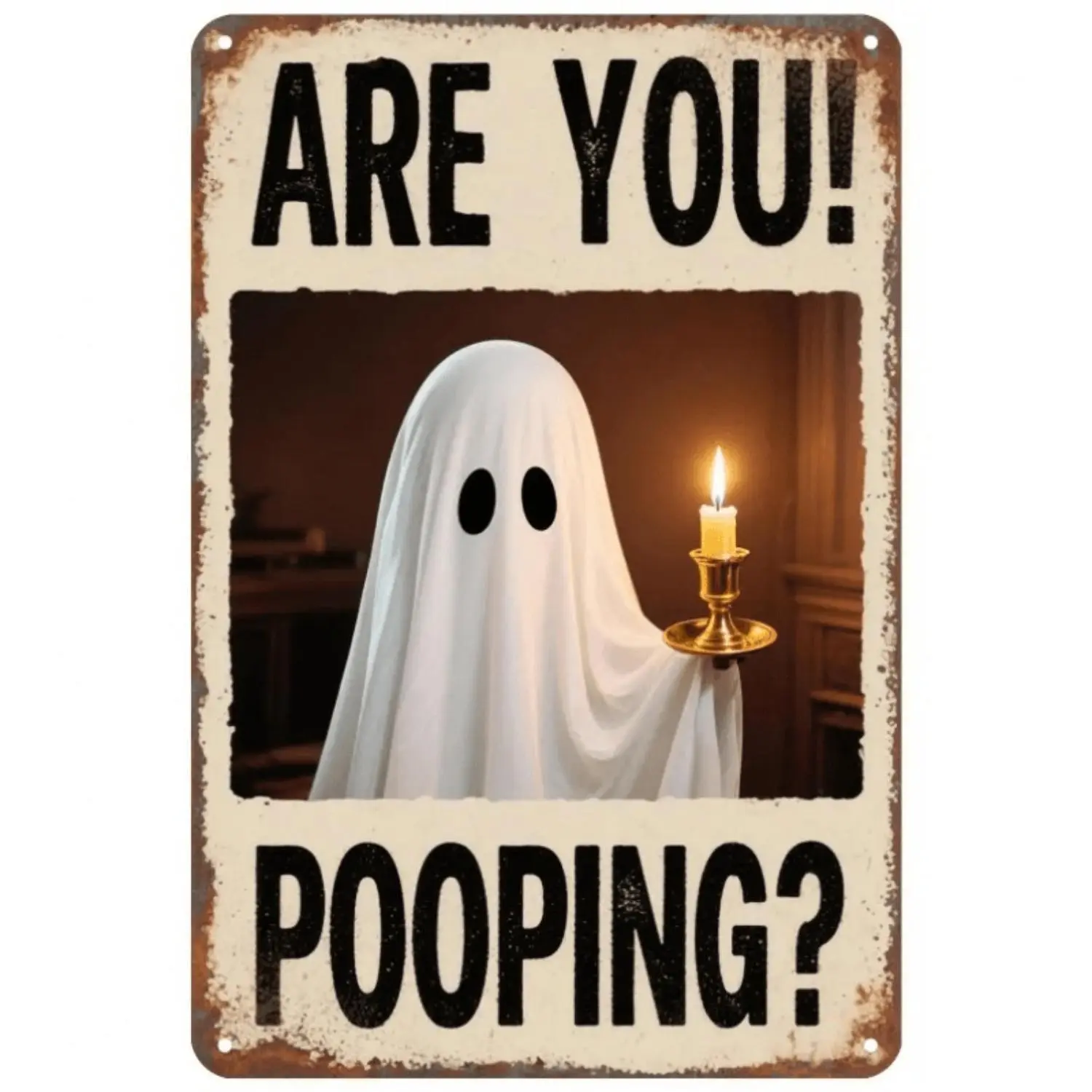 2D Flat - [2Dflat]Decorative Sign, Plaque, Funny Are You Pooping Metal Bathroom Sign Vintage Horror Decoration with Glowing Candle Ghost Heavy-Duty Metal Plaque for Wall Decor, & HD Printed for Indoor