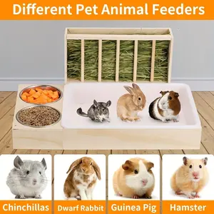 1pc 3-in-1 Rabbit Toilet with Hay Feeder & Bowls - Recycled Wood Small Pet Loo with Grass Mat, Hay Storage & Removable Bowls for Rabbits, Guinea Pigs,