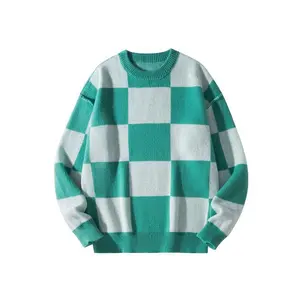 Men's Checkered Long Sleeve Sweater Stylish Plaid Crewneck Jumper Sweater Casual Unisex Trendy Knitted Pullover Tops Fashion Knitwear Fabric Menswear Grey Blue Checked Soft