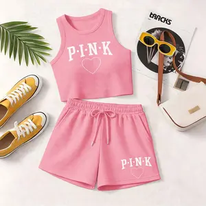 Women's Letter-Print 2-Piece Set, Slim-Fit Tank Top & Drawstring Shorts, Sexy Comfortable Casual Outfit for Summer, Back-To-School Essential