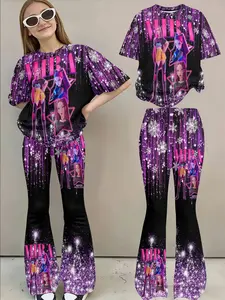 Girls' Anime Print Set, Sweet Cool Gradient Style, Durable Anti-Wrinkle Fabric, All-Season Fashion, Casual Slim-Fitting