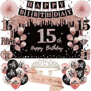 15Th Birthday Decorations for Girls, 33Pcs Black Rose Gold Happy 15Th Birthday Banner 15 Birthday Crown and Sash Balloons Backdrop Hanging Swirls Paper Fans, 15 Years Old Party Supplies Kit Uiorgui