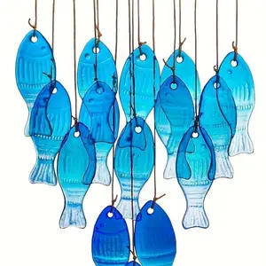 Handcrafted Blue Glass Fish Wind Chimes - Ocean-Themed Outdoor Decor with Deep Resonant Tones, Weather-Resistant Patio Gift for Grandma & Beach Wedding Accent