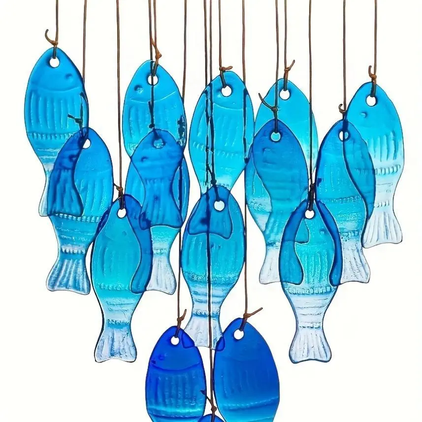 Handcrafted Blue Glass Fish Wind Chimes - Ocean-Themed Outdoor Decor with Deep Resonant Tones, Weather-Resistant Patio Gift for Grandma & Beach Wedding Accent