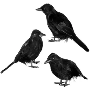 Halloween Crow Raven 3Pcs Feather Bird, Black Prop Fake Birds Crows, Halloween Decorations for Haunted House Graveyard Cemetery Yard Table Party Favors