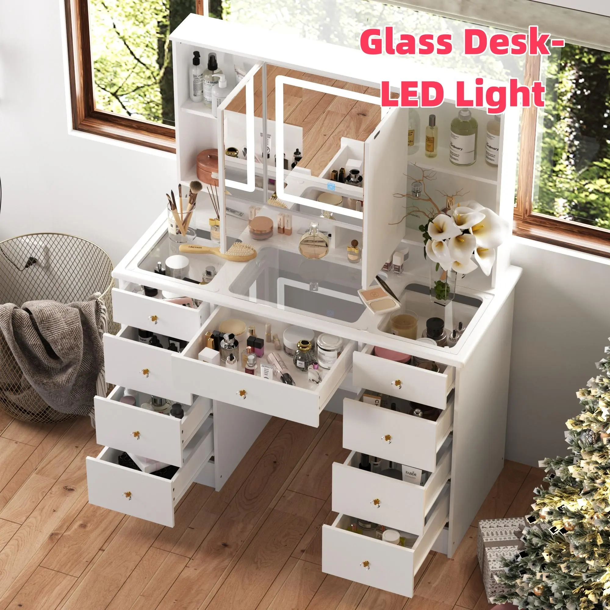 02-Glass Desk-LED Light-White