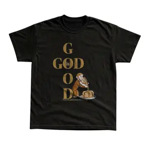 Curious George God Is Good Pancake Parody Graphic T-Shirt, Distressed Christian Faith Meme Trust His Plan Quote Print, Unisex Black Heavyweight Streetwear Tee, Retro Outfit
