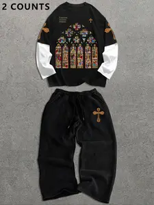 Men's Two-Piece Patchwork Hoodie and Pants Set, Outfit, Casual Loose Fit, Comfortable Design, Print Pattern, Daily Wear