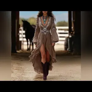 Women's Patchwork V-Neck Dress With Puff Sleeves & Asymmetric Hem, Western Style Flowy Boho Long Dress For Spring Fall