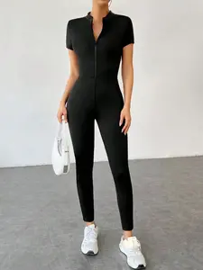 Women's Casual Sporty Slim Fit Jumpsuit, Stand Collar Zipper Short Sleeve Tight Pants, Spring Fitness Commute Daily Wear