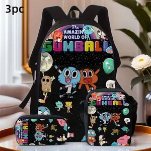 Durable Water Resistant 3-Piece Backpack Set for Kids, Lightweight School Bag with Lunch Box, Featuring The Amazing World of Gumball Full Cartoon Character Print, Black Starry Sky & Rainbow Logo Graphic for Cartoon Fans Daily School & Casual Use