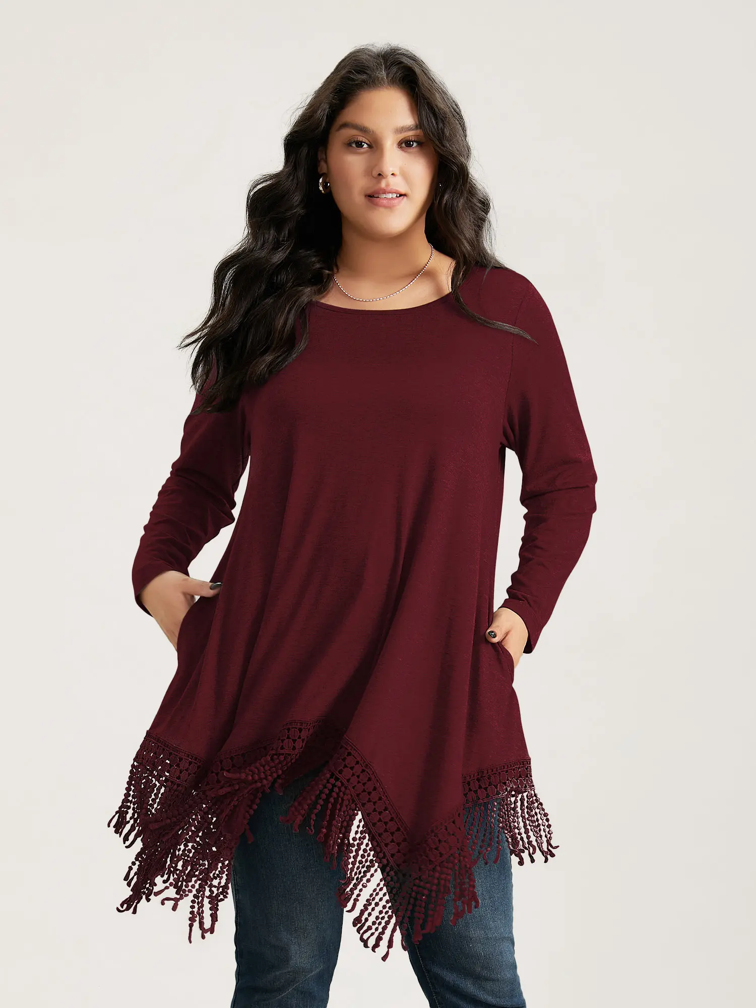 BLOOMCHIC Women's Plus Size Minimalist Basic Longsleeves Boat Neck Tshirt - Polyester Blend Non Stretch Flat Fabric Garment, Low Iron, Tassel Trim, Pocket, Asymmetrical Hem, Regular Fit Casual Top [M-6X] (Gray, Black, Burgundy) 2026 Summerfinds Womenswear