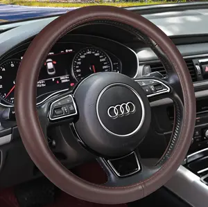 Heavy Duty Pure Cowhide Steering Wheel Cover,  Steering Cover Brown Leather Steering Wheel Cover with 15 Inches Universal Fit (Brown-1)