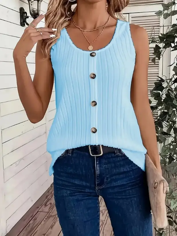 Women's V-Neck Sleeveless Tank Tops - Summer Casual Basic Tunic Shirts, Soft Lightweight Fabric, Aesthetic Vibe Tops for Pairing with Cardigans, Jeans, Skirts (Round Neck Option Available), Style, Button, Minimalist, Vest, Fitted, Ribbed, Holiday, Adjusta