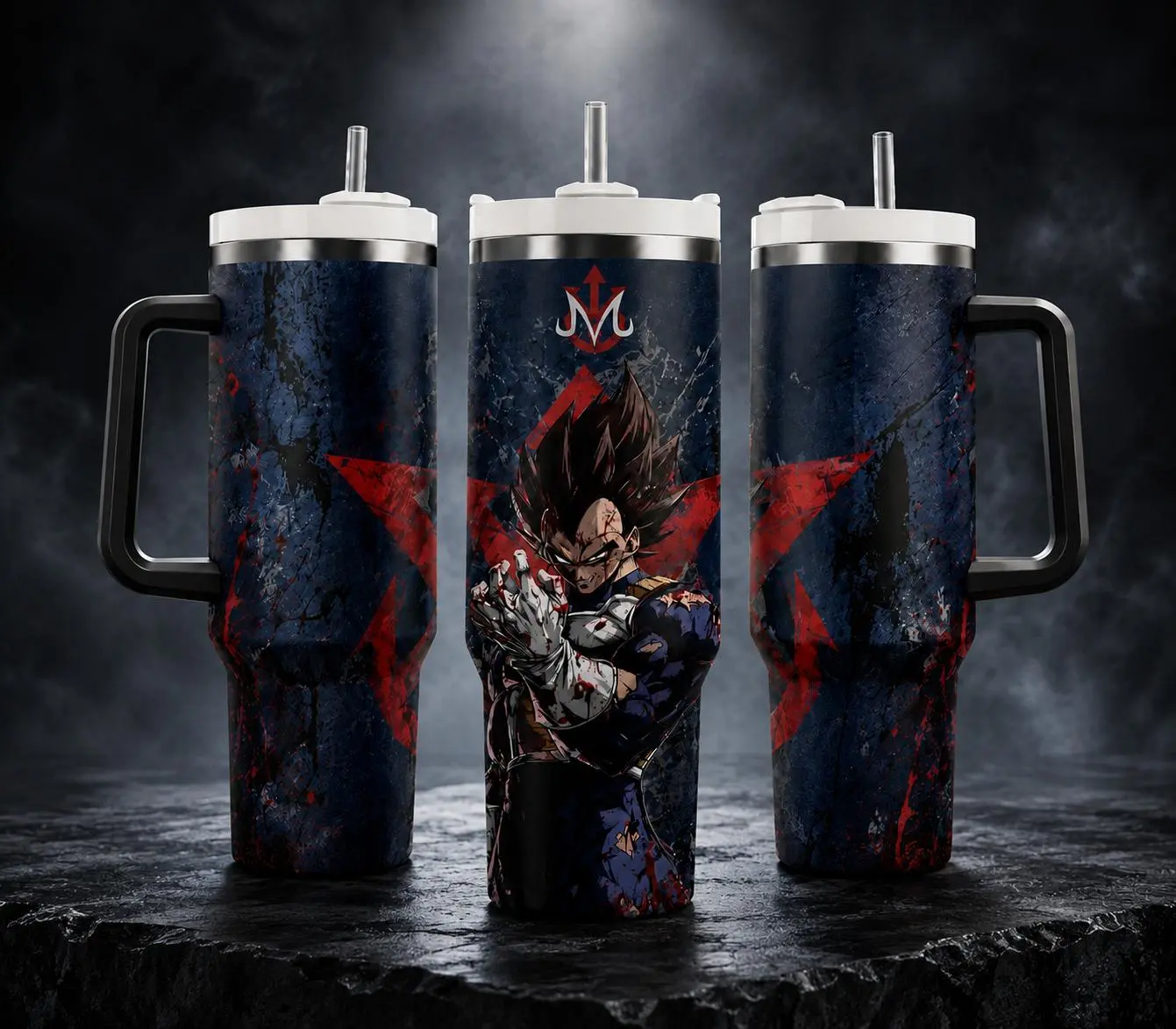 Saiyan Prince 40oz Tumbler with Handle & Straw, Anime Inspired Insulated Stainless Steel Travel Mug, Double Wall Vacuum Cup, Gift for Fans