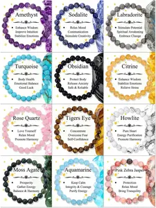 12Pcs 8mm Natural Healing Crystal Bracelets for Women Men Semi-Precious Gemstone Beaded Bracelets Round Beads Gemstones Stretch Yoga Bracelet