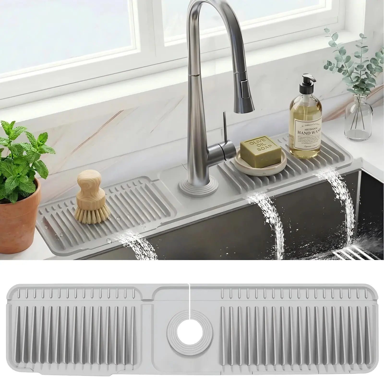 24-In Rectangular Home Silicone Kitchen Sink Faucet Splash Guard, 5° Slope Fast Self-Draining, Leakproof Secure Eco-Friendly, Customizable Hole & Button Design for Tidy Sink Area, Easy to Clean