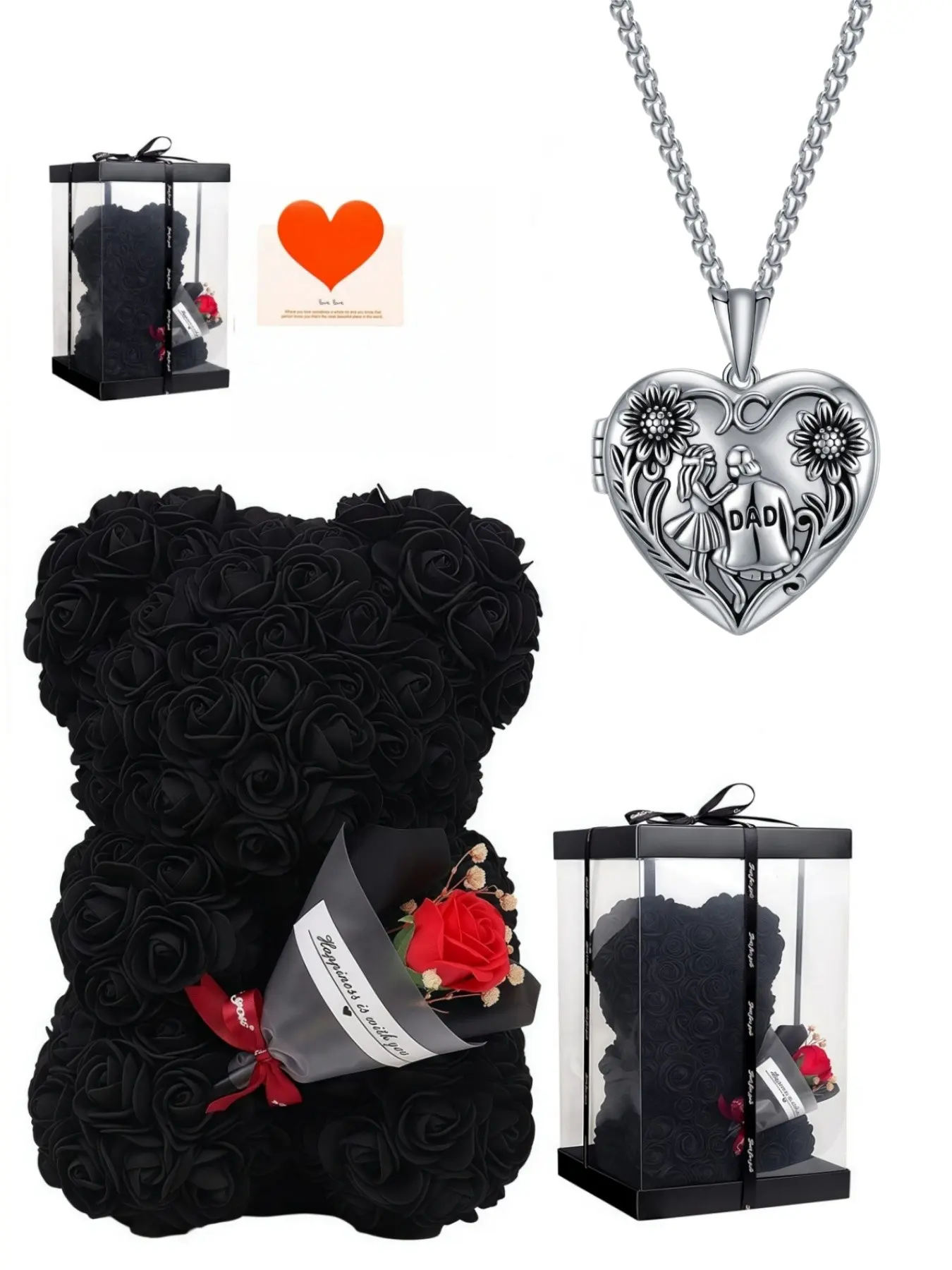 Dad·Hidden Fatherly Love Fashion locket necklace with heart sunflower photo pendant, stylish & elegant design. Packaged in preserved rose bear gift box. Perfect surprise gift for birthdays, Father's Day, Christmas and anniversaries.