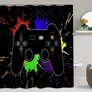 Game Controller Pattern Waterproof Shower Curtain Set, 1/4 Counts Including Non-slip Bath Mat & U-shaped Mat & Toilet Lid Cover & Shower Curtain with Hooks, Bathroom Accessories, Bathroom Decor