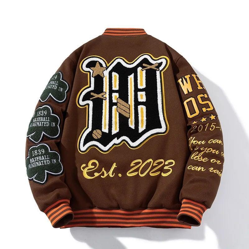 Embroidery Varsity Jacket Men Women Letter Winter American Baseball Jacket Hip Hop Woolen Coat Thick Warm Outwear Parkas Brown Casual Long Sleeve