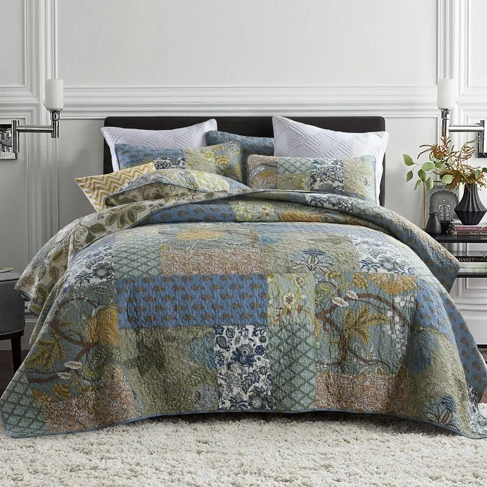 Cotton Bedspread Quilt Sets Reversible Bedding Coverlet Sets,3 Pieces Green Rustic Vintage Paisley Patchwork Bedspread, King Size