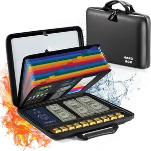 Fireproof Document Box File Organizer: Hard-Shell Case Fireproof Waterproof Box with Lock & 13 Pocket Accordion File Folder - Portable Home Office Travel Safe Storage for Important Documents and Files