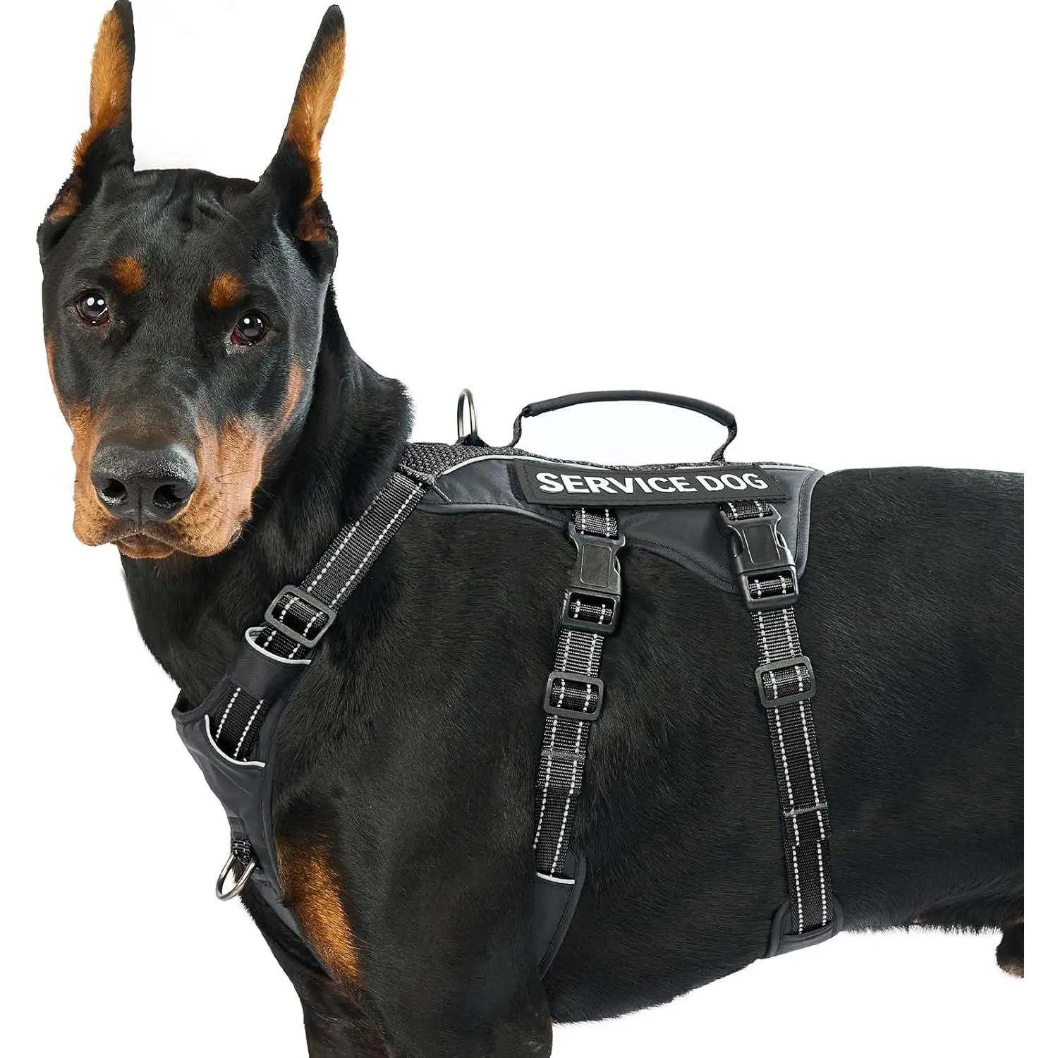 Huntboo Service Dog Vest Harness, Escape Proof Harness with 6 Patches, No-Pull, Reflective Harness with Handle, Adjustable for Small to Large Dogs, for Training and Hiking (Black, L)