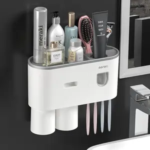 Wall-Mounted Dispenser Toothbrush Holder with Automatic Toothpaste Dispenser, Multiple Magnetic Cups, Large Capacity Tray & Cosmetic Drawer, No-Drill Easy-Install Mount Toothbrush Holder for Bathroom Organization, Dispenser Toothbrush Holders, Mount Tooth