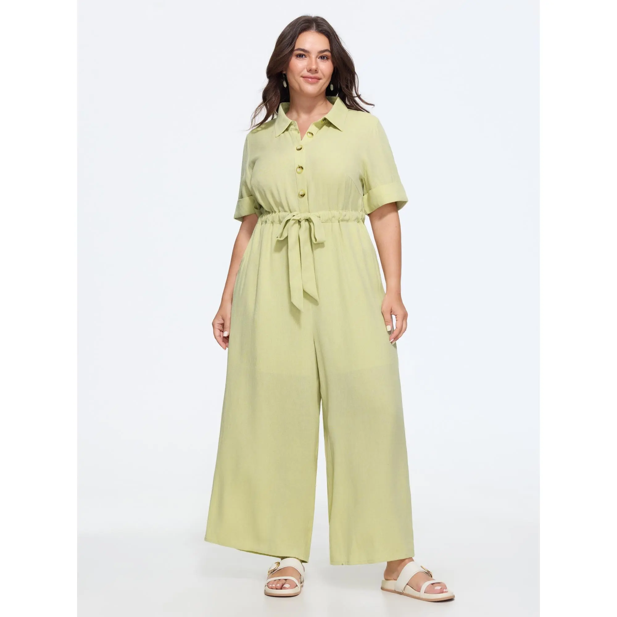 BLOOMCHIC Women's Plus Size Polyester Smooth Knit Jumpsuit - Button Front, Drawstring Belt, Wide Legs, Pocket, Casual, Garment Dyed [M-6X] 2026 Summer Fit