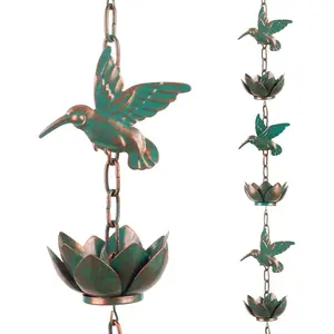 8.8ft Outdoor Rain Chain for Gutters Downspouts, Functional & Decorative Gutter Downspout Replacement with 11 Hummingbird Cups and 12 Copper-Green Lotus Rain Cups