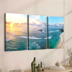 Set of 3, framed Oceanic Style Wall Arts Tropical Beach Posters Serene Seascape Canvas Prints Coastal View Wall Decor Canvas Art Print For Living Room Bedroom Home Office Gift