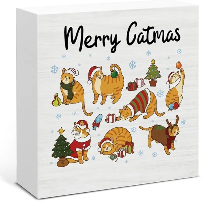 Cat Christmas Decor, Merry Christmas Wood Box Sign, Cats Lovers Gifts for Women, Farmhouse Xmas Home Office Decorations for Desk Table Shelf 5 X 5 Inches