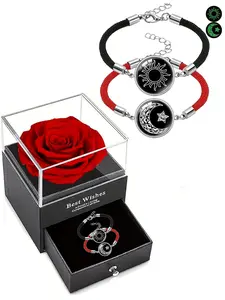 Romantic glowing sun and moon unisex couple bracelet set with red rose gift box. Adjustable promise bracelets, perfect for Valentine’s Day, birthdays, graduation season, ideal gift for lovers.