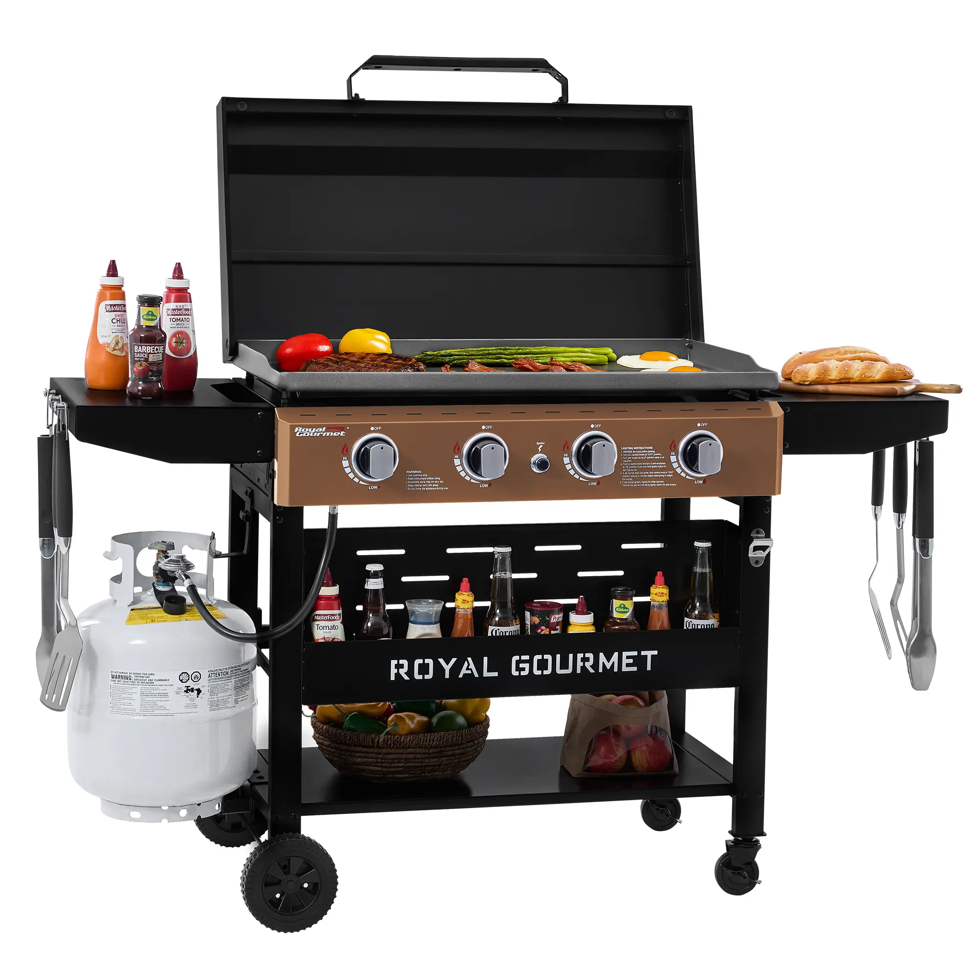 Royal Gourmet  4-Burner Gas Griddle with Hood, Griddle with Collapsible Side Shelves, 52,000 BTU, 582 Sq, Electronic Ignition, Swivel Wheels with Brakes, Perfect for Outdoor Cooking, Stylish Antique Bronze Control Panel				