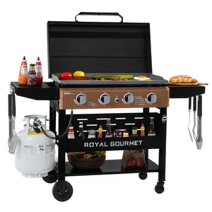 Royal Gourmet  4-Burner Gas Griddle with Hood, Griddle with Collapsible Side Shelves, 52,000 BTU, 582 Sq, Electronic Ignition, Swivel Wheels with Brakes, Perfect for Outdoor Cooking, Stylish Antique Bronze Control Panel				