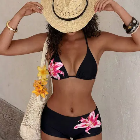 Women's Floral Print Swimsuit Set, Tie-Back Triangle Top and High-Waisted Shorts, Beach Swimsuit, Summer Vacation Beachwear, 2-Piece Flower Print Bikini, Swimsuits Floral Print