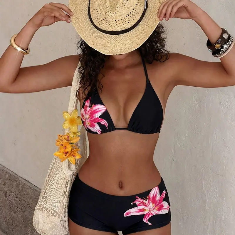 Women's Floral Print Swimsuit Set, Tie-Back Triangle Top and High-Waisted Shorts, Beach Swimsuit, Summer Vacation Beachwear, 2-Piece Flower Print Bikini, Swimsuits Floral Print